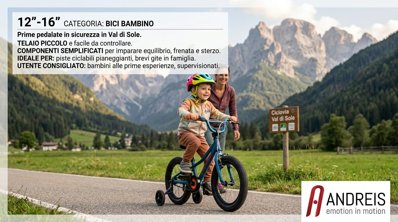 Immagine: 12"-16". Alt consigliato: Bici bambino 12 e 16 pollici per prime pedalate in sicurezza.