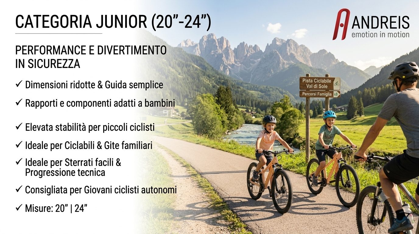 Immagine: 20"-24". Alt consigliato: Bici junior 20 e 24 pollici per ciclabile, gite facili e primi sterrati.