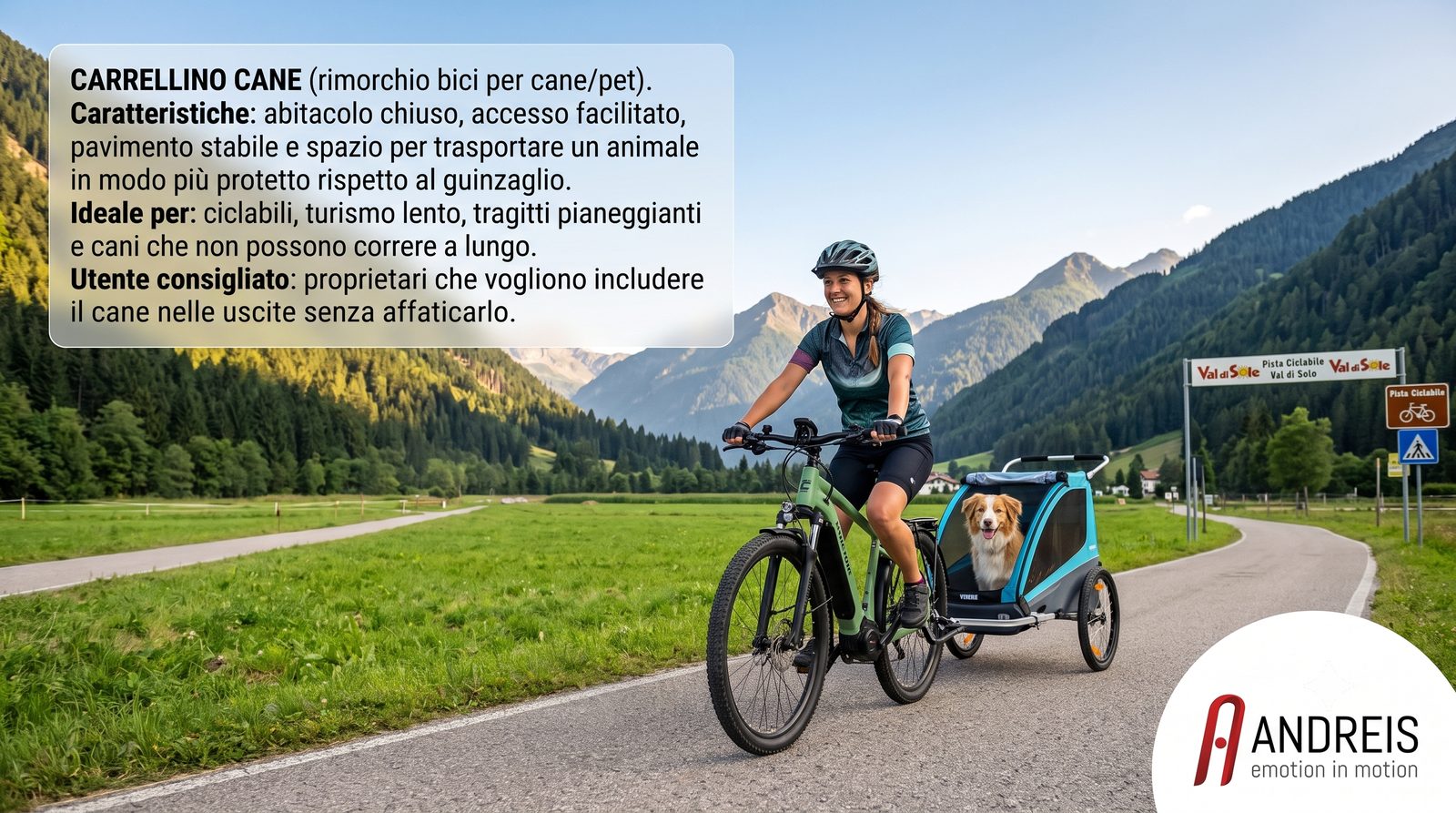 Immagine: Carrellino cane. Alt consigliato: Carrellino cane per portare animali domestici lungo percorsi facili in Val di Sole.