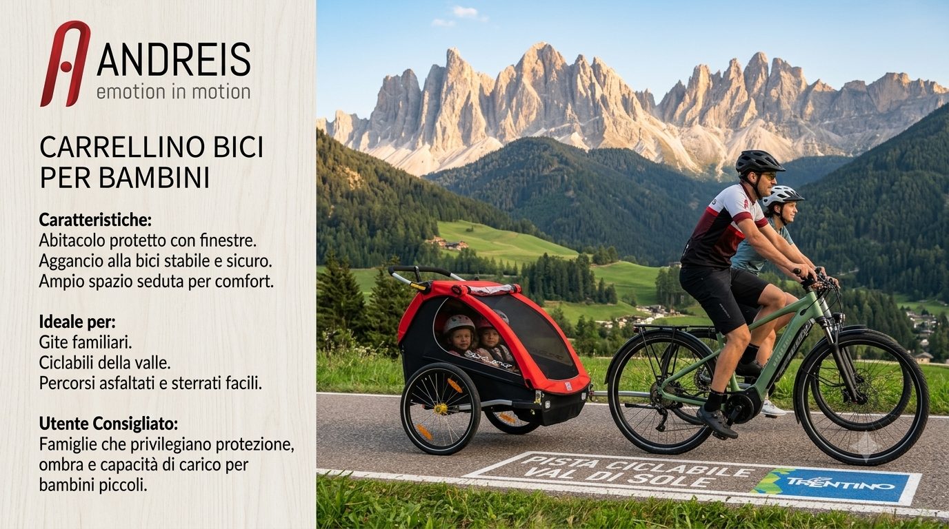 Immagine: Carrellino. Alt consigliato: Carrellino bici per bambini piccoli su ciclabili e percorsi adatti alle famiglie.