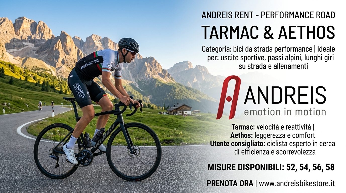 Immagine: TARMAC E AETHOS. Alt consigliato: Bici da strada Tarmac e Aethos per salite su asfalto e performance road.