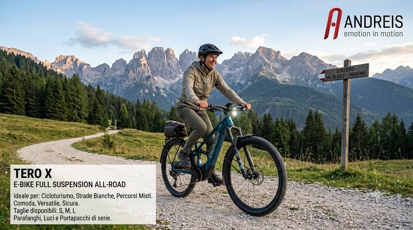 Immagine: TERO X. Alt consigliato: E-bike Tero X full suspension all road per percorsi misti e cicloturismo.