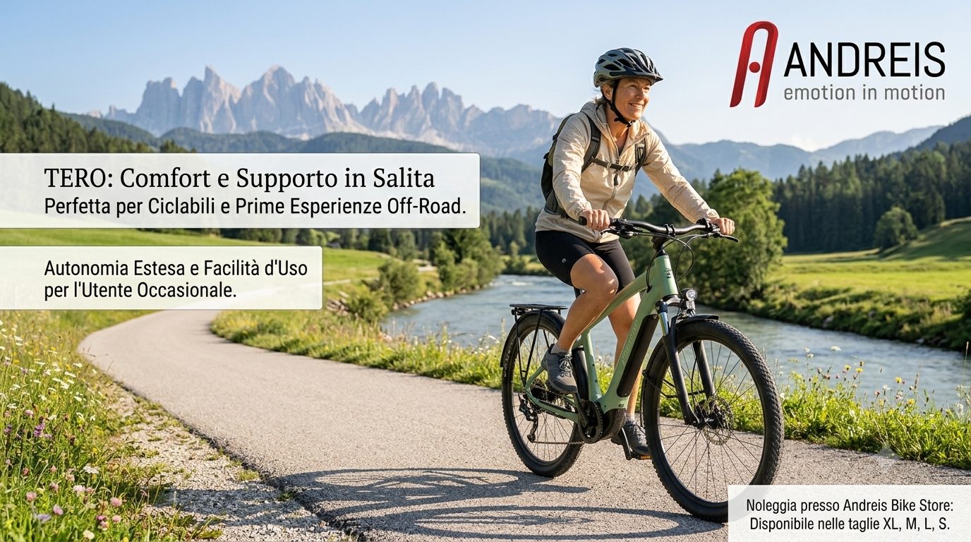 Immagine: TERO. Alt consigliato: E-bike front Tero per ciclabile, strade bianche e prime uscite off road.