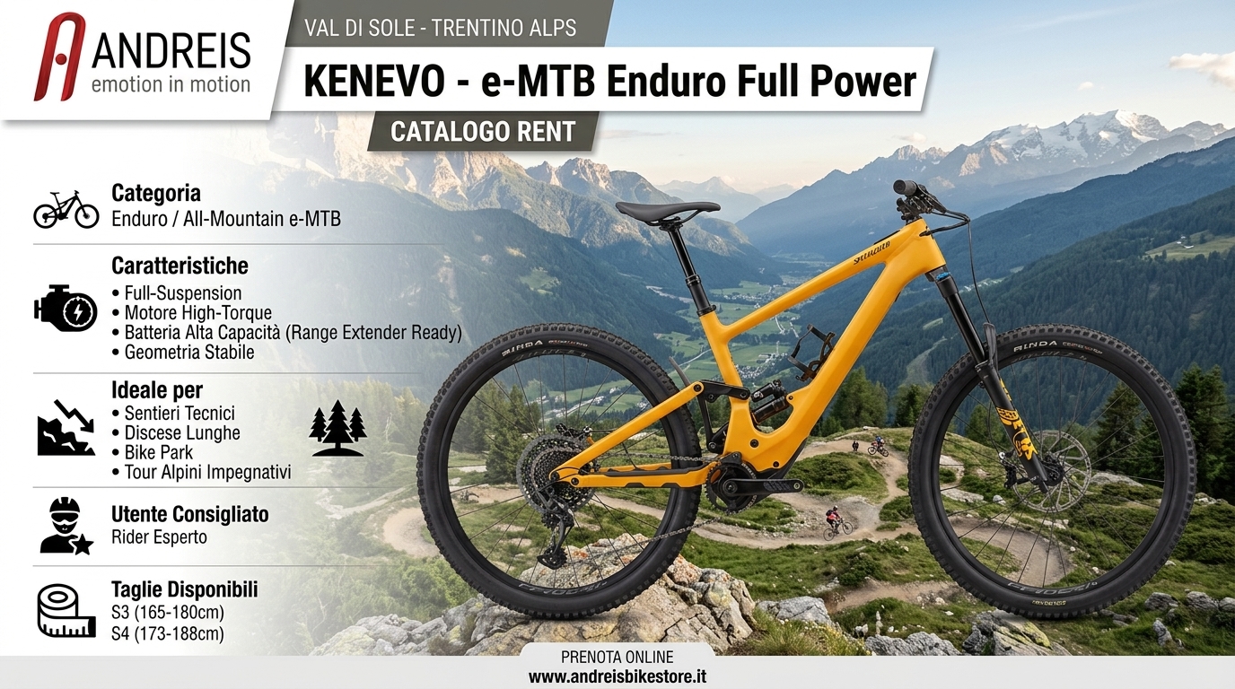 KENEVO. Alt consigliato: E-MTB enduro full power per bike park, enduro e discese tecniche in Val di Sole.
